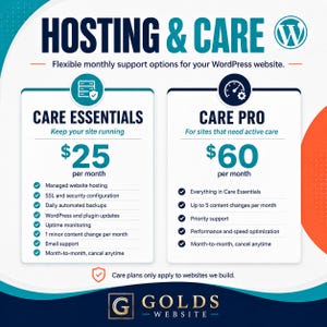 May include: A graphic advertisement titled HOSTING & CARE for WordPress websites. It displays two service tiers: CARE ESSENTIALS at $25 per month and CARE PRO at $60 per month, each listing specific features like hosting, security, and support.