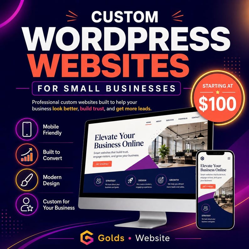 May include: An advertisement for custom WordPress websites for small businesses. The image shows a computer monitor and a smartphone displaying a website design. Text includes "Custom WordPress Websites" and "Starting at &pound;79.00".