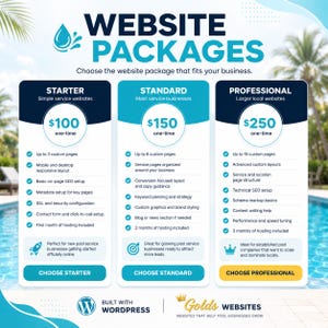 May include: A graphic showcasing website packages: Starter, Standard, and Professional. Each package includes features like custom pages, SEO setup, and hosting. The image features a blue and white color scheme with text and icons.