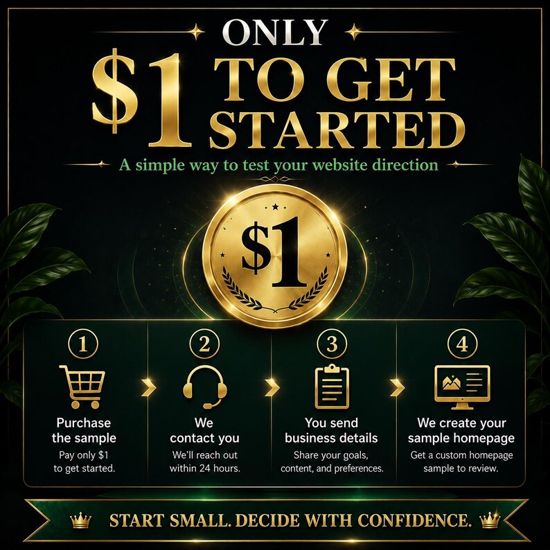 May include: A black and gold graphic featuring the text ONLY $1 TO GET STARTED and A simple way to test your website direction. A central gold coin displays $1. Four numbered steps illustrate a shopping cart, headset, clipboard, and computer monitor.
