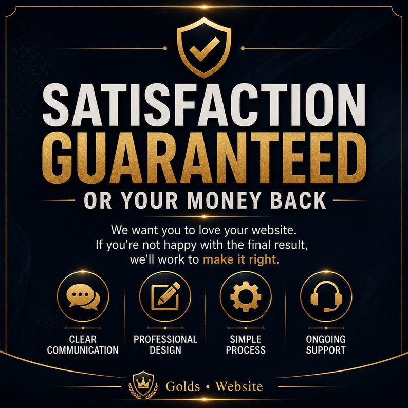 May include: A dark blue graphic with gold text reading SATISFACTION GUARANTEED OR YOUR MONEY BACK. It includes a shield icon with a checkmark, and four circular icons representing clear communication, professional design, simple process, and ongoing support.