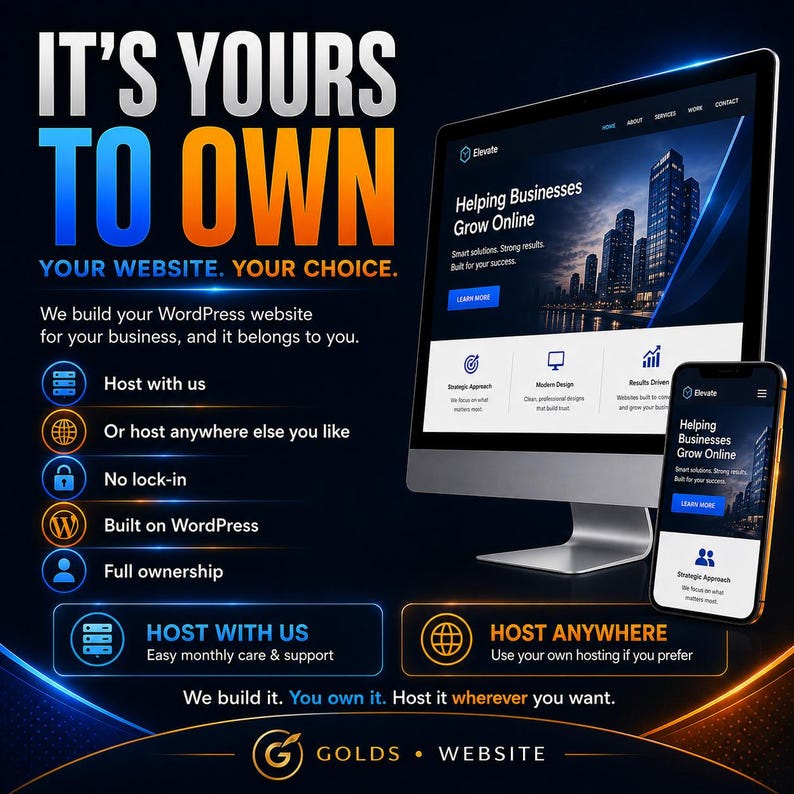 May include: A digital advertisement featuring a computer monitor and a smartphone displaying a website with the text IT'S YOURS TO OWN. The graphic lists features including WordPress hosting, no lock-in, and full ownership for business websites.
