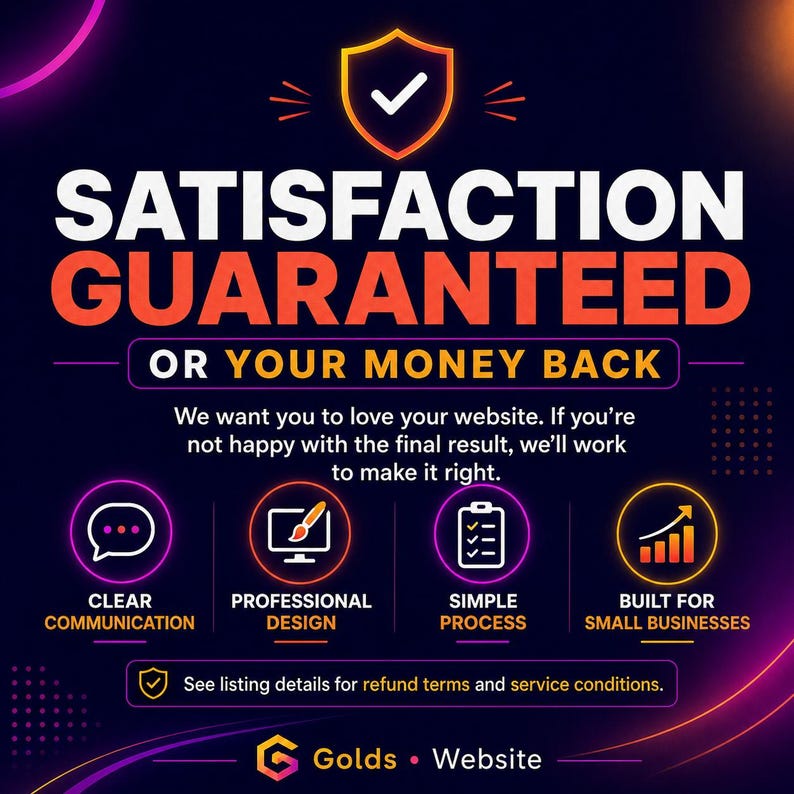May include: A digital graphic with the words "SATISFACTION GUARANTEED OR YOUR MONEY BACK." It also features the phrases "CLEAR COMMUNICATION," "PROFESSIONAL DESIGN," "SIMPLE PROCESS," and "BUILT FOR SMALL BUSINESSES." The Golds Website logo is at the bottom.