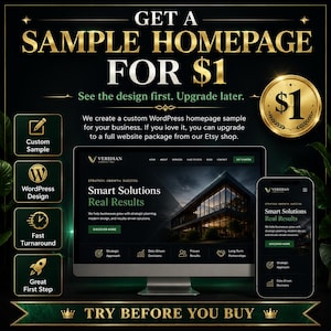 May include: A digital advertisement featuring a computer monitor and smartphone displaying a website for Veridian Consulting. The text reads GET A SAMPLE HOMEPAGE FOR $1, See the design first. Upgrade later., and TRY BEFORE YOU BUY.