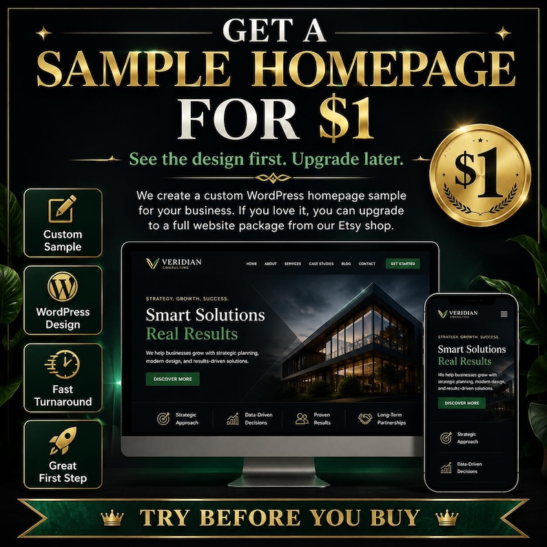 May include: A digital advertisement featuring a computer monitor and smartphone displaying a website for Veridian Consulting. The text reads GET A SAMPLE HOMEPAGE FOR $1, See the design first. Upgrade later., and TRY BEFORE YOU BUY.