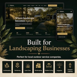 May include: A digital display showing a website design for Welcome Landscape Co. featuring the text 'Where landscape becomes legacy' and 'Built for Landscaping Businesses' with icons for landscaping, gardening, lawn care, hardscaping, outdoor living, irrigation, and lighting.