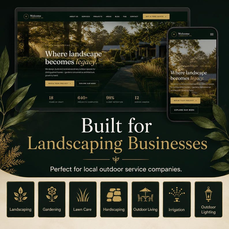 May include: A digital display showing a website design for Welcome Landscape Co. featuring the text 'Where landscape becomes legacy' and 'Built for Landscaping Businesses' with icons for landscaping, gardening, lawn care, hardscaping, outdoor living, irrigation, and lighting.