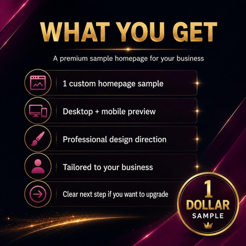 May include: A dark background graphic titled WHAT YOU GET, listing features: 1 custom homepage sample, Desktop + mobile preview, Professional design direction, Tailored to your business, and Clear next step if you want to upgrade, with a 1 DOLLAR SAMPLE badge.