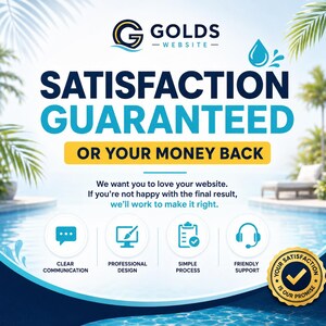 May include: A promotional graphic for Golds Website, featuring a logo and the text "SATISFACTION GUARANTEED OR YOUR MONEY BACK." Additional text highlights clear communication, professional design, a simple process, and friendly support. A gold seal reads "Your satisfaction is our promise."