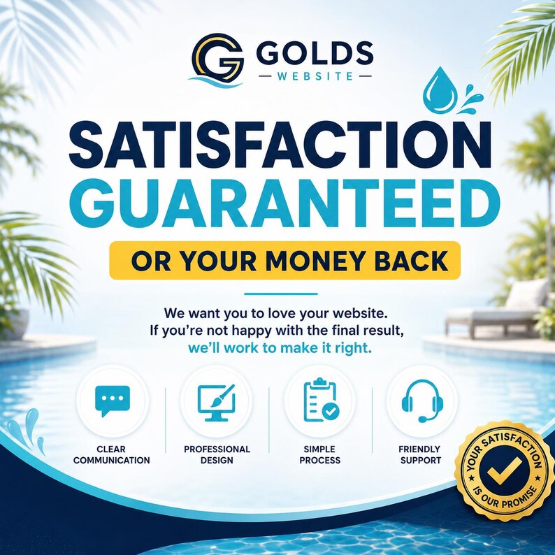 May include: A promotional graphic for Golds Website, featuring a logo and the text "SATISFACTION GUARANTEED OR YOUR MONEY BACK." Additional text highlights clear communication, professional design, a simple process, and friendly support. A gold seal reads "Your satisfaction is our promise."