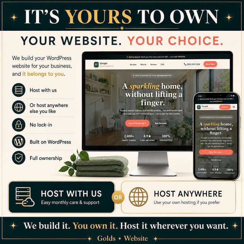 Puede incluir: Un anuncio de dise&ntilde;o web que muestra un monitor de computadora y un tel&eacute;fono inteligente que muestra un sitio web. El texto dice "It's Yours to Own" y "Your Website. Your Choice." El anuncio destaca la creaci&oacute;n de sitios web, las opciones de alojamiento y la propiedad total.