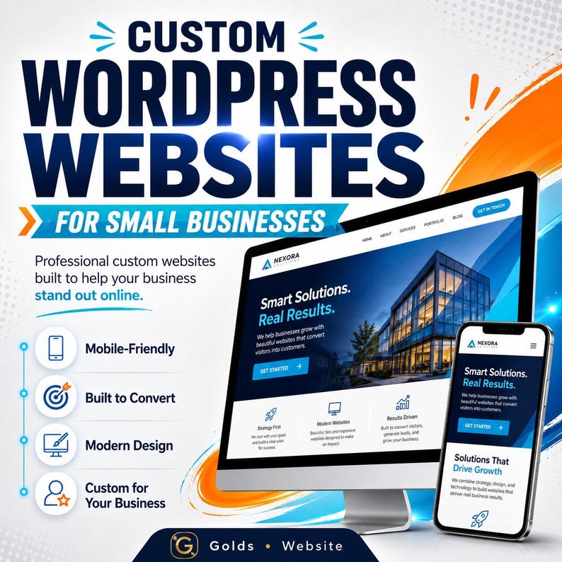 K&ouml;nnte beinhalten: Eine digitale Werbegrafik f&uuml;r ma&szlig;geschneiderte WordPress-Websites f&uuml;r kleine Unternehmen. Zu sehen sind ein Computermonitor und ein Smartphone, die eine Website mit dem Text Smart Solutions. Real Results. zeigen, sowie Symbole f&uuml;r mobile-friendly, built to convert, modern design und custom features.