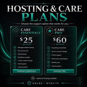 May include: A dark teal graphic displaying Hosting & Care Plans with two tiers: Care Essentials at $25 per month and Care Pro at $60 per month. Each tier lists specific features like managed hosting, security, backups, and support options.