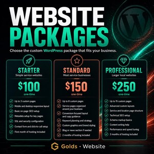 May include: A digital graphic titled WEBSITE PACKAGES featuring three tiers: Starter at $100, Standard at $150, and Professional at $250. Each column lists specific features, page counts, and hosting durations for WordPress website services.