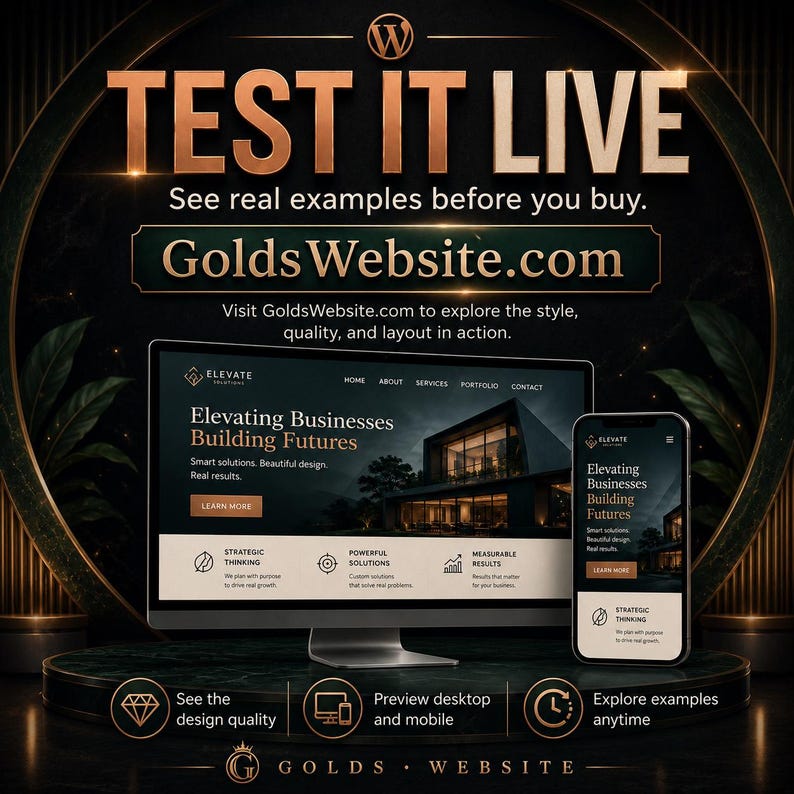 May include: A computer monitor and a smartphone displaying a website with the text Elevating Businesses Building Futures. The screen shows a modern architectural building, navigation menu, and service icons. The text reads TEST IT LIVE.