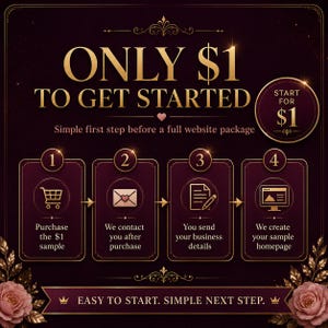 May include: A dark purple and gold graphic with the text ONLY $1 TO GET STARTED. It outlines a four-step process: 1. Purchase the $1 sample, 2. We contact you after purchase, 3. You send your business details, 4. We create your sample homepage.