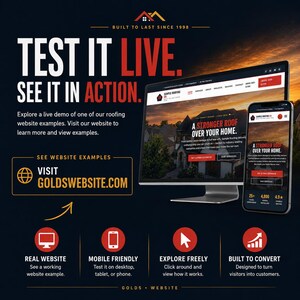 May include: A promotional image for a roofing website, featuring a desktop computer and a smartphone displaying the website. The text reads "TEST IT LIVE. SEE IT IN ACTION." and "A STRONGER ROOF OVER YOUR HOME."