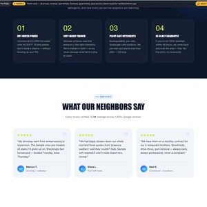 May include: A website screenshot with a dark blue header and white background. The header has four numbered boxes detailing services: hot-water power, soft-wash trained, plant-safe detergents, and re-blast guarantee. Below are customer reviews.