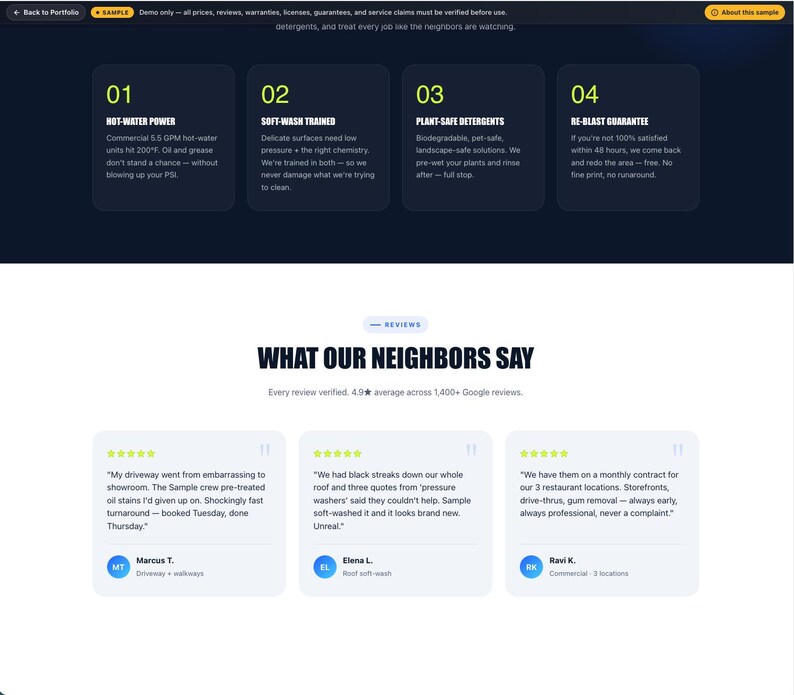 May include: A website screenshot with a dark blue header and white background. The header has four numbered boxes detailing services: hot-water power, soft-wash trained, plant-safe detergents, and re-blast guarantee. Below are customer reviews.