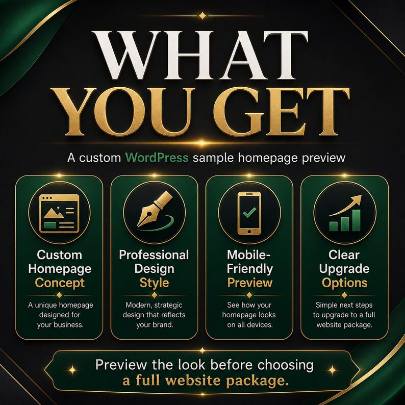 May include: A dark green and gold graphic display titled WHAT YOU GET, featuring a WordPress homepage preview. It includes four icons representing a custom homepage concept, professional design style, mobile-friendly preview, and upgrade options.