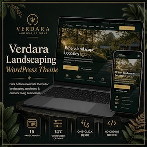 May include: A laptop and smartphone displaying the Verdara Landscaping WordPress theme, featuring a dark botanical design with gold text. The screen shows website layouts for landscaping businesses, including 15 page layouts and 147 options.