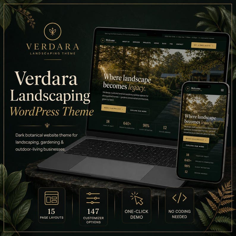 May include: A laptop and smartphone displaying the Verdara Landscaping WordPress theme, featuring a dark botanical design with gold text. The screen shows website layouts for landscaping businesses, including 15 page layouts and 147 options.