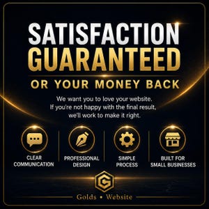 Puede incluir: Un gr&aacute;fico negro con texto dorado que dice SATISFACTION GUARANTEED OR YOUR MONEY BACK. Incluye cuatro iconos circulares que representan comunicaci&oacute;n clara, dise&ntilde;o profesional, un proceso simple y peque&ntilde;as empresas.