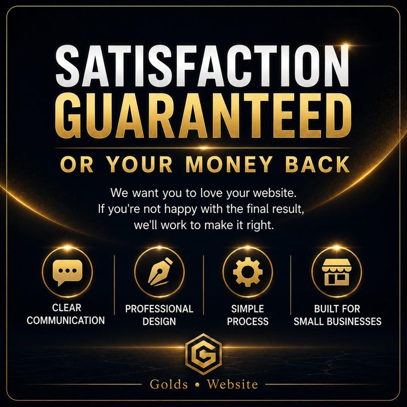 Puede incluir: Un gr&aacute;fico negro con texto dorado que dice SATISFACTION GUARANTEED OR YOUR MONEY BACK. Incluye cuatro iconos circulares que representan comunicaci&oacute;n clara, dise&ntilde;o profesional, un proceso simple y peque&ntilde;as empresas.