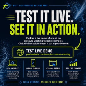 May include: A promotional graphic with a dark blue background and white and yellow text. The text reads "TEST IT LIVE. SEE IT IN ACTION." It promotes a live demo of pressure washing websites. Includes icons for real website, mobile friendly, explore freely, and built to convert.