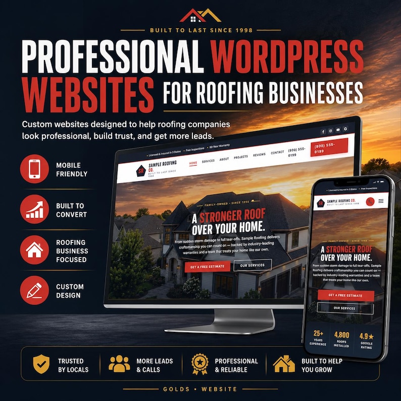 May include: A promotional image for professional WordPress websites for roofing businesses. The image features a computer monitor and a smartphone displaying website designs. Text includes "Professional WordPress Websites" and "A Stronger Roof Over Your Home."