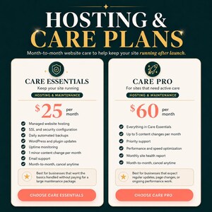 Puede incluir: Gr&aacute;fico que presenta planes de hosting y cuidado de sitios web. Se ofrecen dos opciones: "Care Essentials" por 25 &euro; al mes y "Care Pro" por 60 &euro; al mes. Cada plan incluye diversos servicios de mantenimiento web.