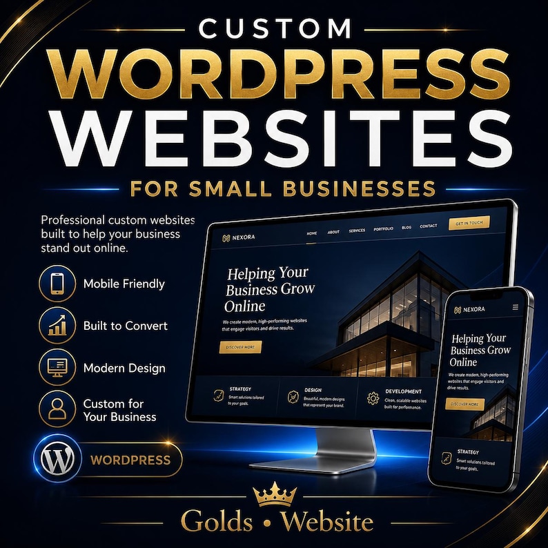 May include: A computer monitor and a smartphone displaying a website with the text Helping Your Business Grow Online. The graphic features the text CUSTOM WORDPRESS WEBSITES FOR SMALL BUSINESSES, with icons for mobile friendly, built to convert, modern design, and custom for your business.