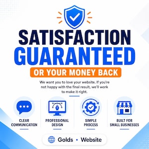 May include: A blue and white graphic with the text "SATISFACTION GUARANTEED OR YOUR MONEY BACK." Additional text includes "CLEAR COMMUNICATION," "PROFESSIONAL DESIGN," "SIMPLE PROCESS," and "BUILT FOR SMALL BUSINESSES."