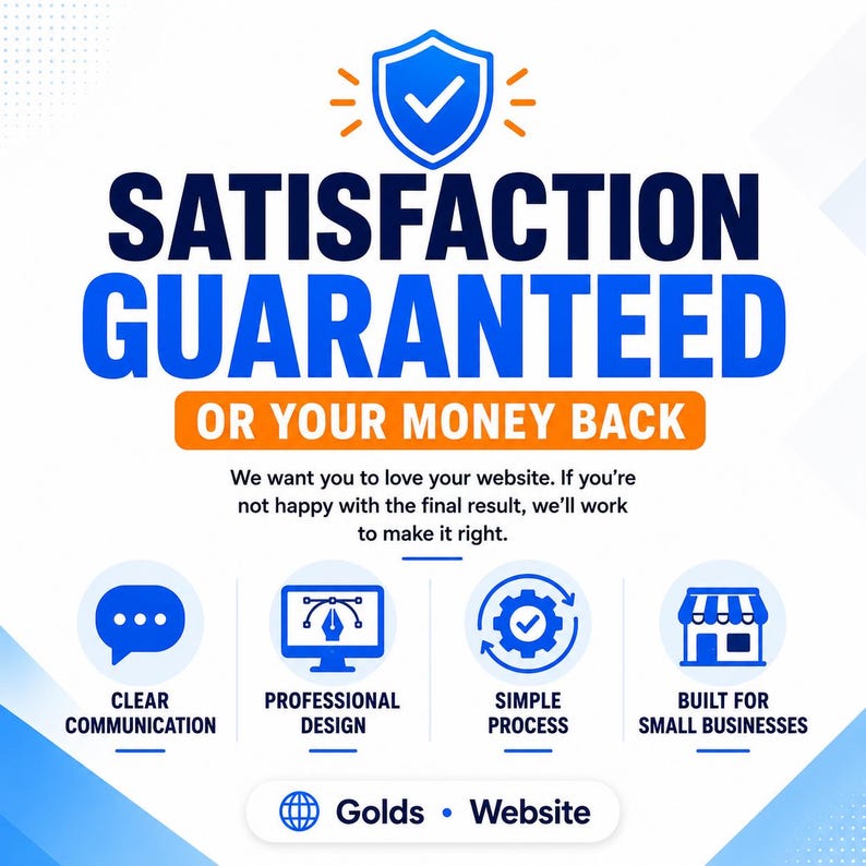 May include: A blue and white graphic with the text "SATISFACTION GUARANTEED OR YOUR MONEY BACK." Additional text includes "CLEAR COMMUNICATION," "PROFESSIONAL DESIGN," "SIMPLE PROCESS," and "BUILT FOR SMALL BUSINESSES."