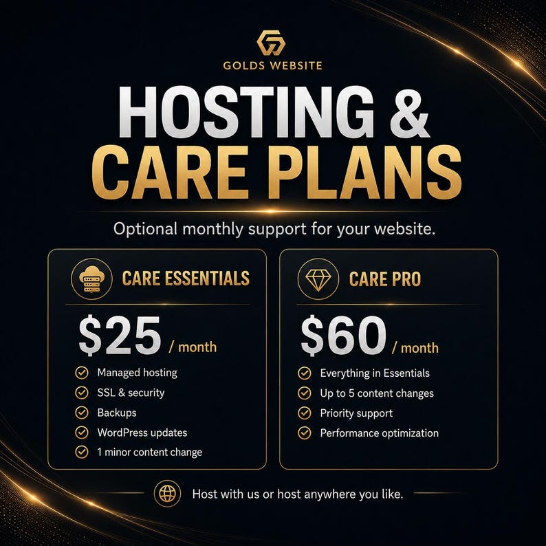 May include: A black graphic with gold accents displaying GOLDS WEBSITE Hosting & Care Plans. Two tiers are listed: Care Essentials at $25/month including managed hosting, SSL, backups, updates, and one change; and Care Pro at $60/month with added support.