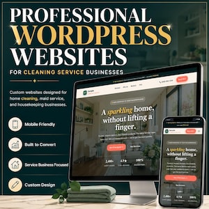 Puede incluir: Un monitor de computadora y un tel&eacute;fono inteligente muestran un dise&ntilde;o de sitio web para servicios de limpieza. El texto dice "Professional WordPress Websites" y "A sparkling home, without lifting a finger." Texto adicional destaca caracter&iacute;sticas como dise&ntilde;o m&oacute;vil.