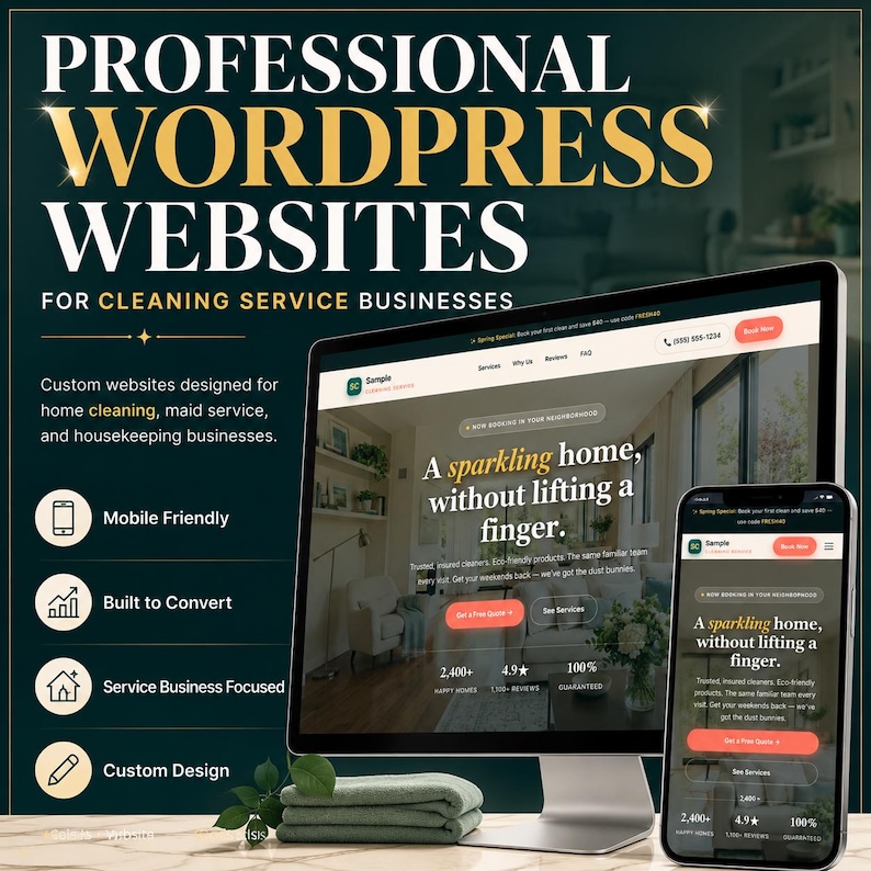 Puede incluir: Un monitor de computadora y un tel&eacute;fono inteligente muestran un dise&ntilde;o de sitio web para servicios de limpieza. El texto dice "Professional WordPress Websites" y "A sparkling home, without lifting a finger." Texto adicional destaca caracter&iacute;sticas como dise&ntilde;o m&oacute;vil.