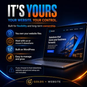 Puede incluir: Un ordenador port&aacute;til que muestra un sitio web con el texto IT'S YOURS YOUR WEBSITE. YOUR CONTROL. Built for flexibility and long-term ownership. Las caracter&iacute;sticas incluyen You own your website files, Host with us or move it elsewhere, Built on WordPress y Easy to manage and grow.