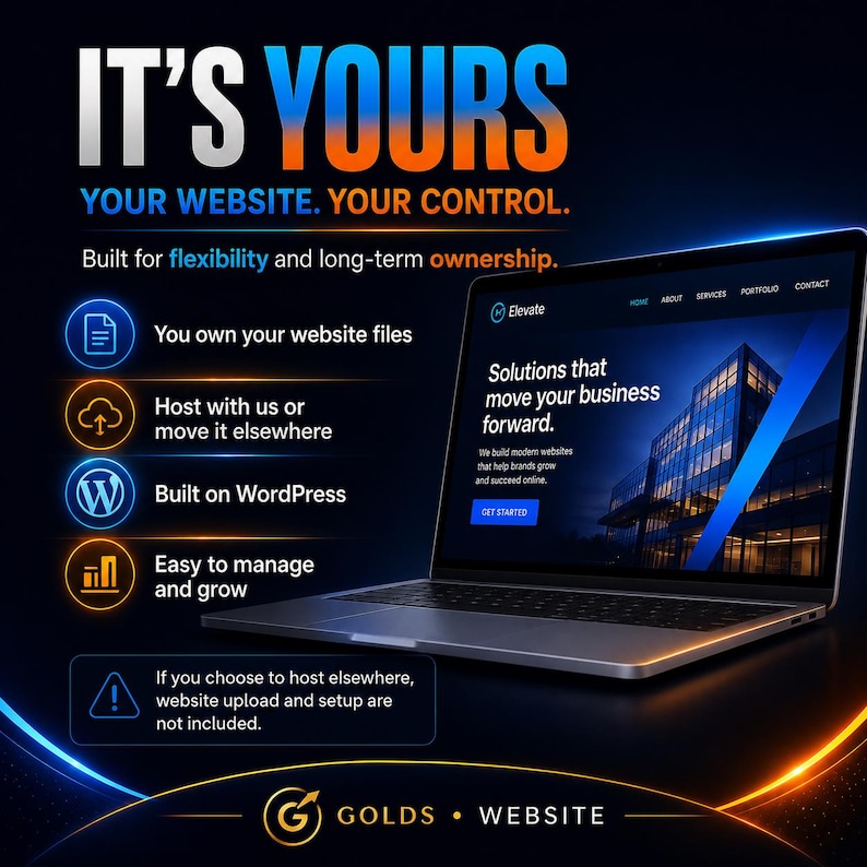 Puede incluir: Un ordenador port&aacute;til que muestra un sitio web con el texto IT'S YOURS YOUR WEBSITE. YOUR CONTROL. Built for flexibility and long-term ownership. Las caracter&iacute;sticas incluyen You own your website files, Host with us or move it elsewhere, Built on WordPress y Easy to manage and grow.
