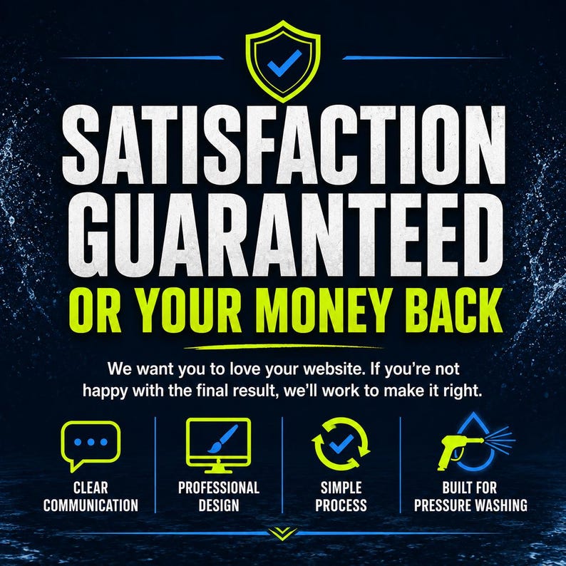 May include: A graphic with the text "SATISFACTION GUARANTEED OR YOUR MONEY BACK" in white and yellow. Below are icons representing clear communication, professional design, simple process, and built for pressure washing.