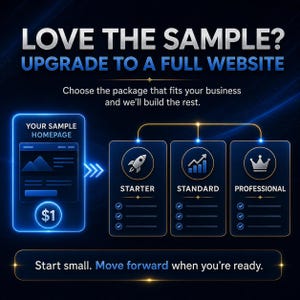 Pu&ograve; includere: Un grafico digitale con sfondo blu scuro che riporta il testo LOVE THE SAMPLE? UPGRADE TO A FULL WEBSITE. Mostra un'icona di una homepage di esempio con un simbolo $1, seguita da tre livelli di servizio: STARTER, STANDARD e PROFESSIONAL.