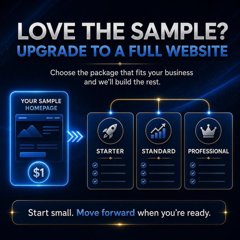 Pu&ograve; includere: Un grafico digitale con sfondo blu scuro che riporta il testo LOVE THE SAMPLE? UPGRADE TO A FULL WEBSITE. Mostra un'icona di una homepage di esempio con un simbolo $1, seguita da tre livelli di servizio: STARTER, STANDARD e PROFESSIONAL.