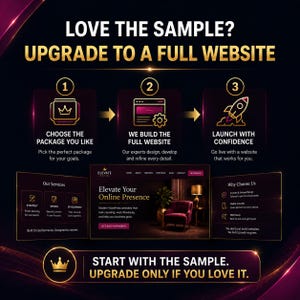 May include: A digital marketing graphic with a dark background and gold accents. It features a three-step process: Choose the package, we build the website, and launch. It displays website previews, service lists, and the text: Love the sample? Upgrade to a full website.