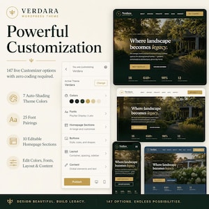 May include: A digital product display for the Verdara WordPress theme, featuring a customization menu with options for colors, fonts, and layout. The interface shows website previews on desktop and mobile screens with text including Powerful Customization.