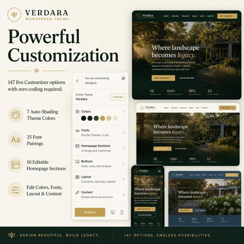 May include: A digital product display for the Verdara WordPress theme, featuring a customization menu with options for colors, fonts, and layout. The interface shows website previews on desktop and mobile screens with text including Powerful Customization.
