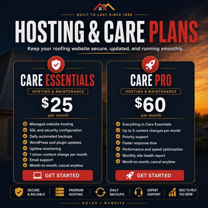 May include: A dark blue graphic with the text "HOSTING & CARE PLANS" and service details. The image is divided into two sections, "CARE ESSENTIALS" and "CARE PRO", each with a list of features and monthly pricing. The image also includes the text "Keep your roofing website secure, updated, and running smoothly."
