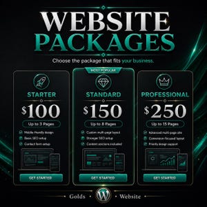 May include: A dark graphic display titled WEBSITE PACKAGES featuring three tiers: STARTER at $100 for 3 pages, STANDARD at $150 for 8 pages, and PROFESSIONAL at $250 for 15 pages. Each tier includes icons, feature lists, and a GET STARTED button.