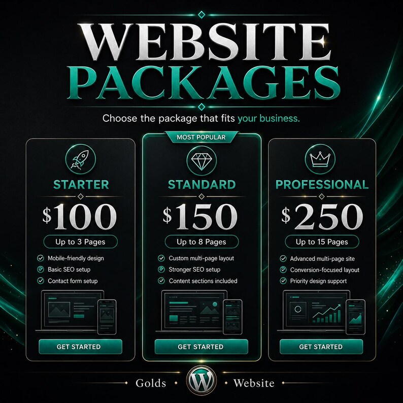 May include: A dark graphic display titled WEBSITE PACKAGES featuring three tiers: STARTER at $100 for 3 pages, STANDARD at $150 for 8 pages, and PROFESSIONAL at $250 for 15 pages. Each tier includes icons, feature lists, and a GET STARTED button.