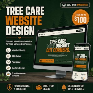 May include: A website design advertisement for tree care services. The design features a computer monitor and a smartphone displaying a website with the text "Tree Care That Doesn't Cut Corners." The ad highlights mobile-friendly design, SEO setup, and custom design.