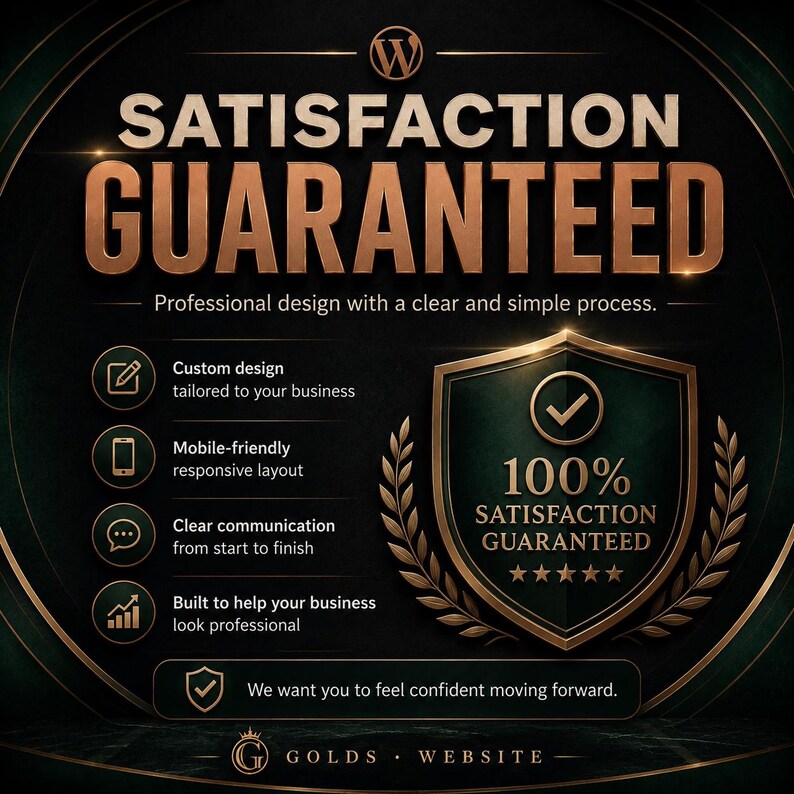 May include: A dark graphic featuring the text SATISFACTION GUARANTEED in large gold letters. It lists service features including custom design, mobile-friendly layout, clear communication, and business growth. A gold shield icon displays 100% SATISFACTION GUARANTEED.